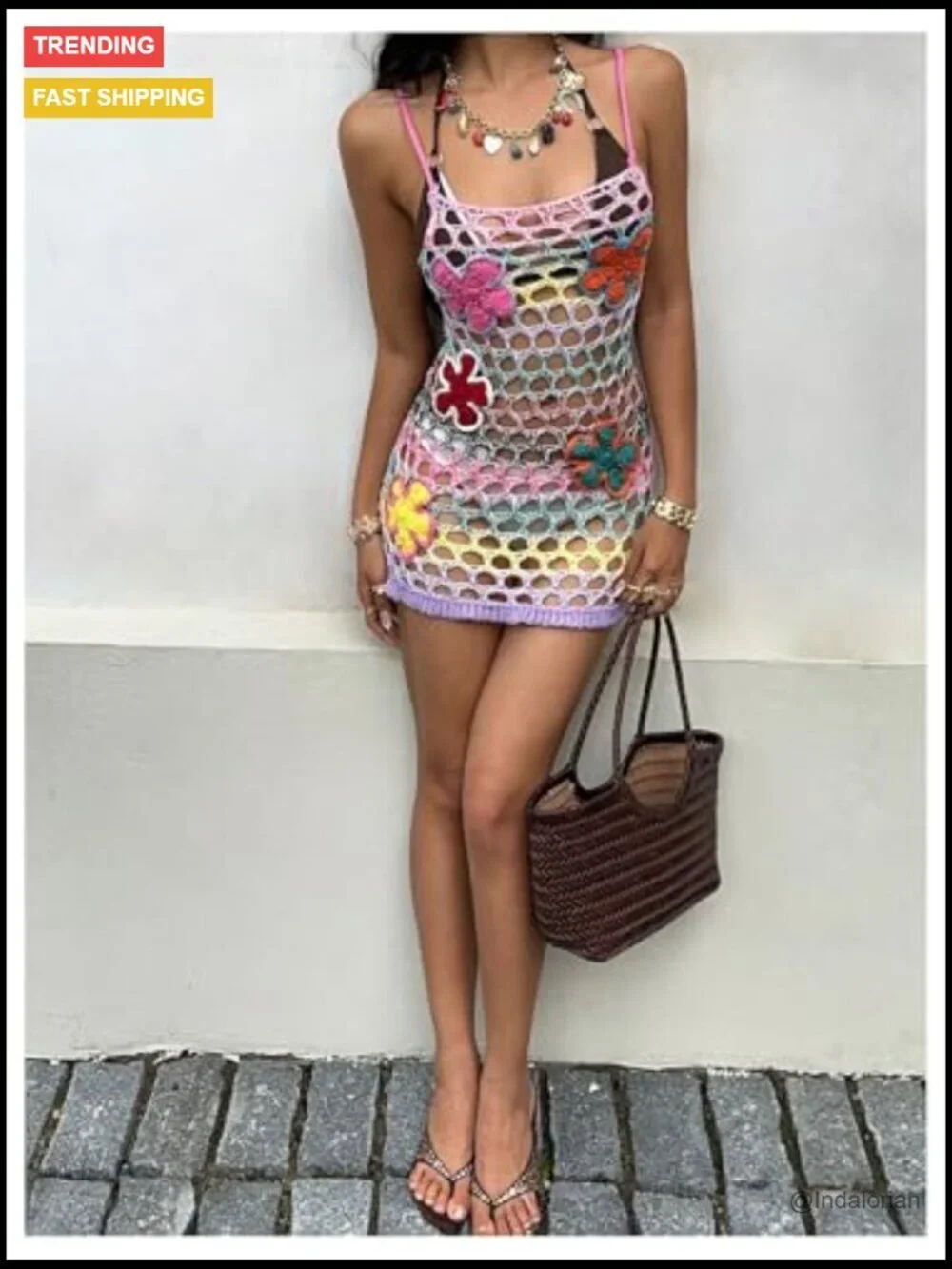 3D Floral Hollow Out Sweater Dress Crochet Bodycon Vacation Outfit